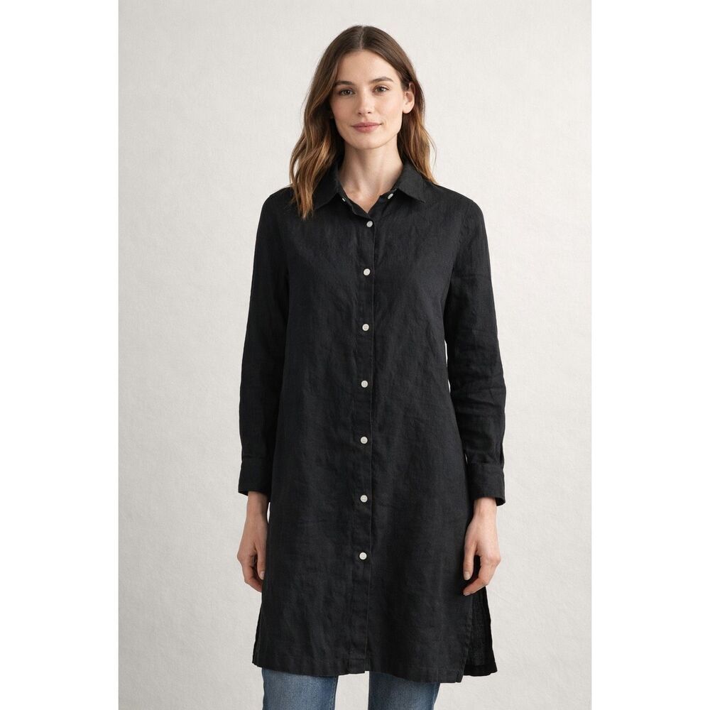 Robbie Bee Black 100% Linen Button Front Tunic Shirt Dress Womens 8